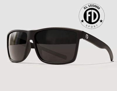 Sport 155mm XL big head sunglasses in Black with black smoke polarised lenses – secure fit and all-day comfort for large heads.