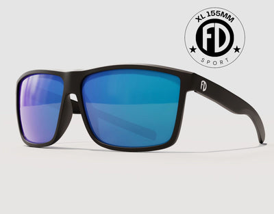 Sport 155mm XL polarised sunglasses in Black with blue ice lenses – bold mirrored style and extra wide frame for big heads.