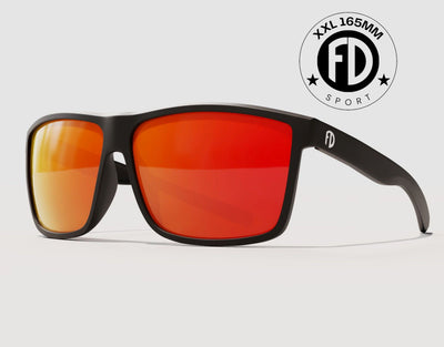 Sport 155mm XL polarised sunglasses in Black with red lava lenses – bold mirrored style and extra wide frame for big heads.