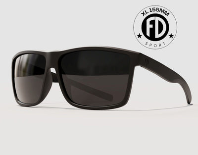 Sport 155mm XL blackout sunglasses for big heads – polarised black smoke lenses in an extra wide matte black frame.