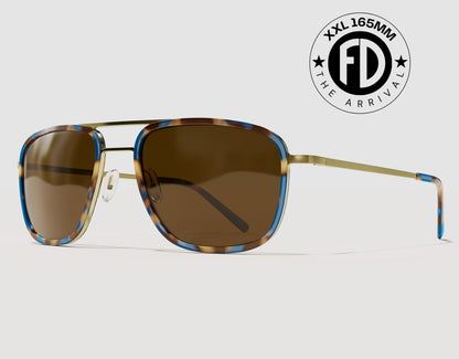 The Arrival 165mm XXL premium aviator-style sunglasses for large heads in Atlantic with brown polarised lenses – lightweight hybrid frame with adjustable nose pads.