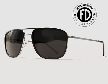 The Arrival 165mm XXL premium aviator-style sunglasses for large heads in Black with black polarised lenses – lightweight hybrid frame with adjustable nose pads.