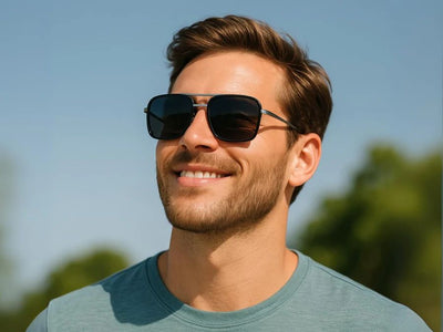 Model wearing The Arrival 165mm XXL sunglasses for big heads in Black with black polarised lenses – modern aviator-style wide fit designed for larger faces.