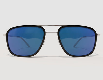 Front view of The Arrival 165mm XXL premium wide sunglasses in Black with blue polarised lenses – adjustable nose pads and hybrid frame construction.