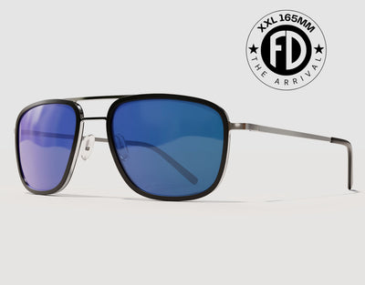 The Arrival 165mm XXL premium aviator-style sunglasses for large heads in Black with blue polarised lenses – lightweight hybrid build with adjustable nose pads.