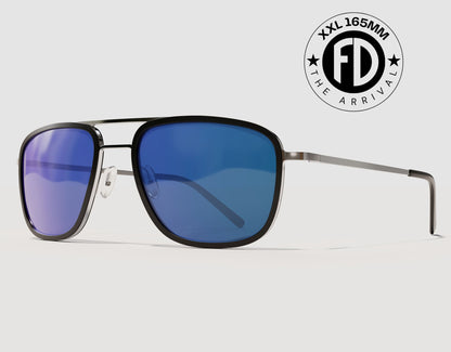 The Arrival 165mm XXL premium aviator-style sunglasses for large heads in Black with blue polarised lenses – lightweight hybrid build with adjustable nose pads.