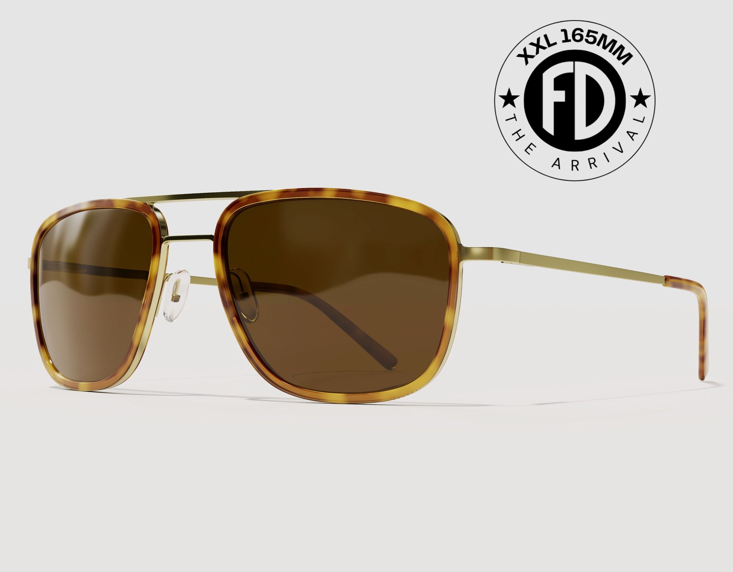 The Arrival 165mm XXL premium aviator-style sunglasses for large heads in Tortoise with brown polarised lenses – lightweight hybrid frame with adjustable nose pads.