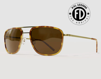 The Arrival 165mm XXL premium aviator-style sunglasses for large heads in Tortoise with brown polarised lenses – lightweight hybrid frame with adjustable nose pads.