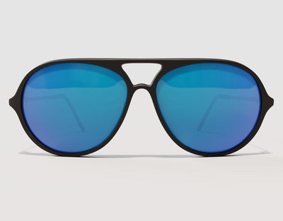 Front view of Aviator 165mm XXL sunglasses for large heads in Black with blue ice lenses – modern edge meets wide fit comfort.