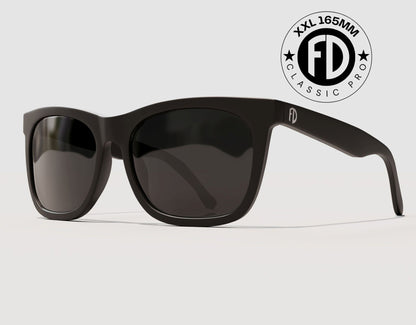 Classic Pro 165mm XXL premium wide sunglasses for large heads in Black Gloss with black lenses – extra wide fit with reinforced frame and bold style.