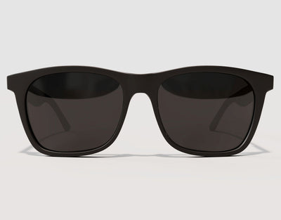 Front view of Classic 155mm XL sunglasses in Black with gold logo – oversized style and polarised performance.