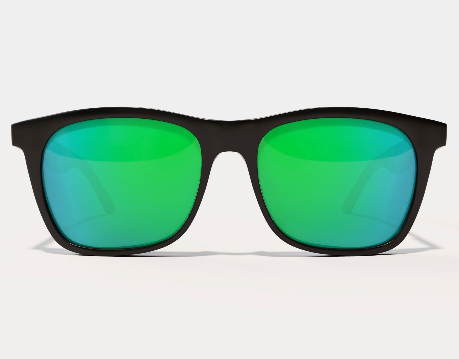 Front view of Classic 165mm XXL polarised sunglasses in Black Gloss with green lenses – extra wide frame for comfort and impact.