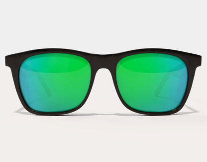Front view of Classic 165mm XXL polarised sunglasses in Black Gloss with green lenses – extra wide frame for comfort and impact.