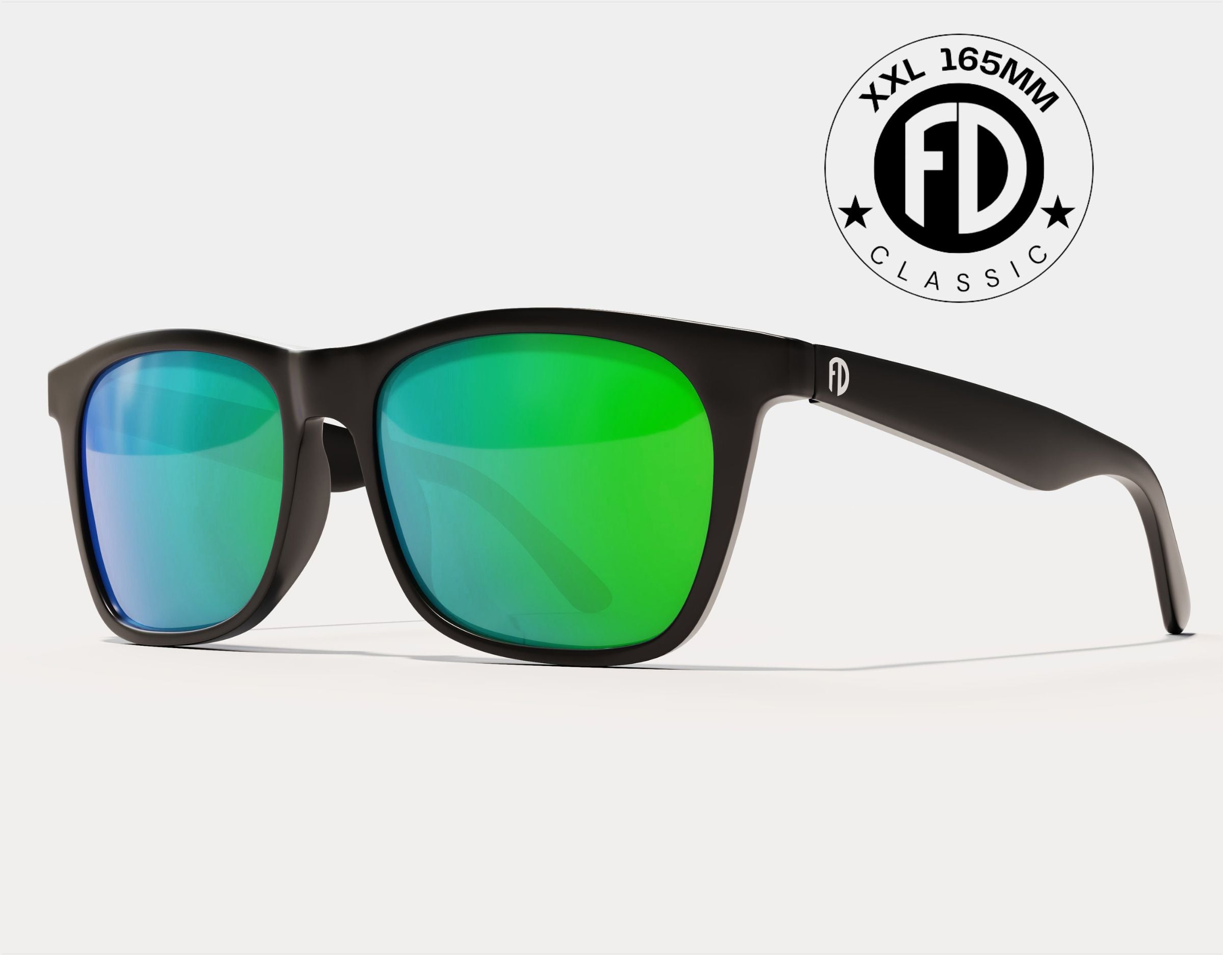 Classic 165mm XXL sunglasses for wide heads in Black Gloss with green polarised lenses – large fit with vibrant lens colour.
