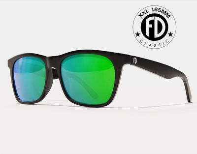Classic 165mm XXL sunglasses for wide heads in Black Gloss with green polarised lenses – large fit with vibrant lens colour.