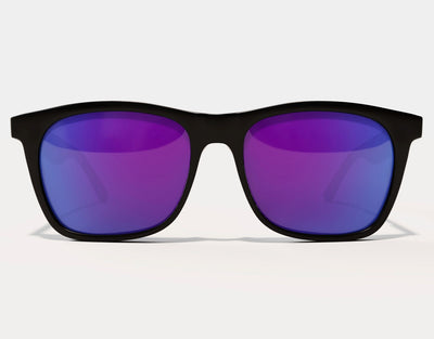 Front view of Classic 165mm XXL polarised sunglasses in Black Gloss with purple lenses – extra wide frame for comfort and impact.