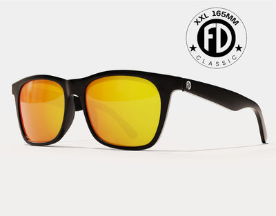 Classic 165mm XXL sunglasses for big heads in Black Gloss with yellow solar polarised lenses – extra wide fit and standout sun protection.