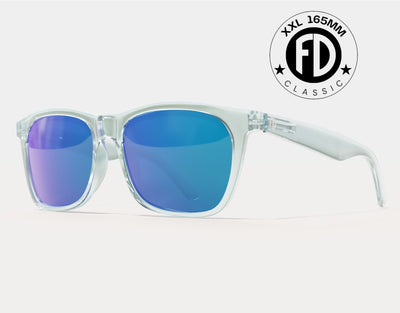 Classic 165mm XXL extra wide sunglasses in Clear with blue ice polarised lenses – bold, transparent frame for big heads with icy lens tones.