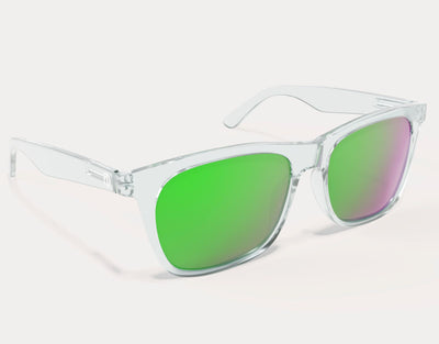 Side view of Classic 165mm XXL polarised sunglasses in Clear with green lenses – ultra-wide arms and mirrored lens finish.