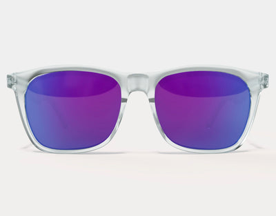 Front view of Classic 165mm XXL extra wide sunglasses in Clear – vibrant purple lenses with a clear frame for big heads.