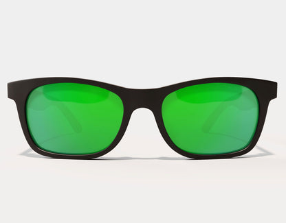 Front view of The Gent 165mm XXL sunglasses for wide faces in Black with green lenses – polarised, wide fit, and built for big heads.