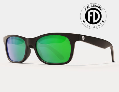 The Gent 165mm XXL sunglasses for wide faces in Black with green lenses – polarised, extra wide, and built for large heads.