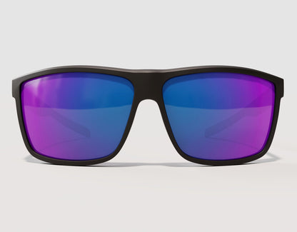 Front view of Sport 165mm XXL polarised sunglasses for wide heads in Black with purple lenses – extra wide fit with mirrored finish.