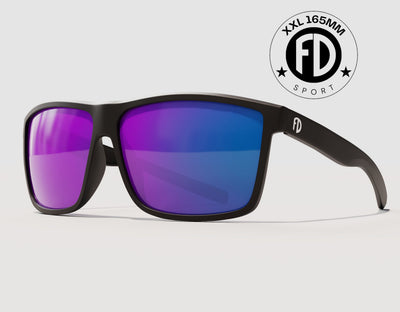 Sport 165mm XXL polarised sunglasses for big heads in Black with purple lenses – extra large fit with mirrored finish.