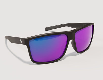 Side view of Sport 165mm XXL polarised sunglasses for oversized heads in Black with purple lenses – oversized fit with mirrored finish.