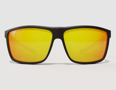 Front view of Sport 165mm XXL shades for big heads in Black with yellow solar lenses – wide fit and enhanced visibility.