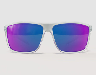 Front view of Sport 165mm XXL polarised sport sunglasses in Clear with purple lenses – Big frame for wide heads.