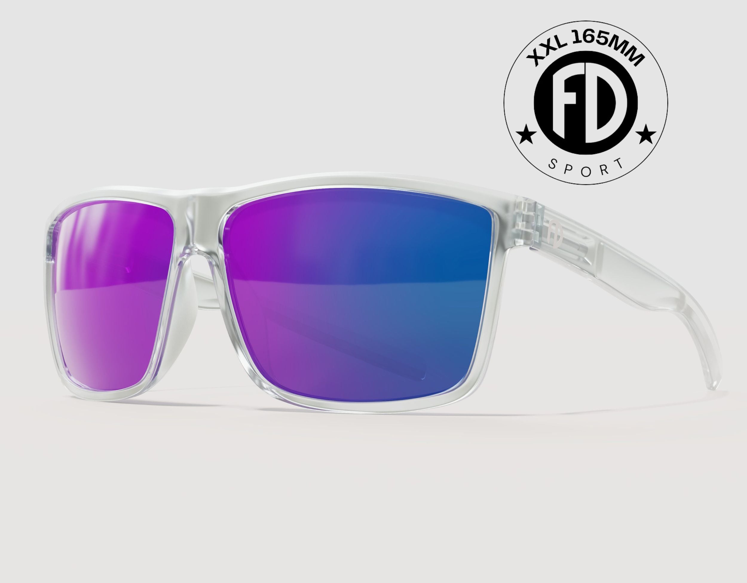 Sport 165mm XXL polarised sport sunglasses in Clear with purple lenses – modern wide fit frame for big heads.